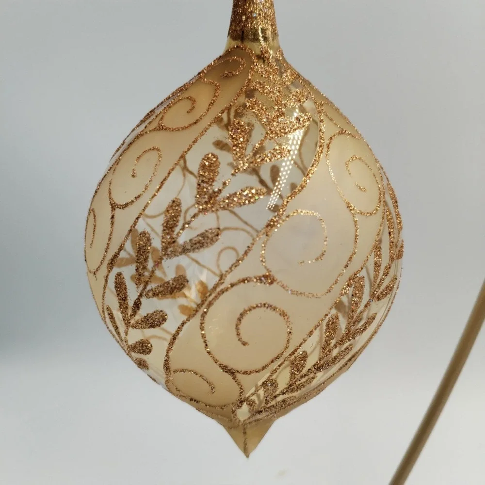 2 Handblown Champagne Glass Finial Ornaments Gold Glitter Filigree Michoacan
